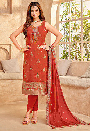Embroidered Art Silk Pakistani Suit in Orange
