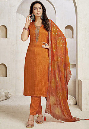 Embroidered Art Silk Pakistani Suit in Orange