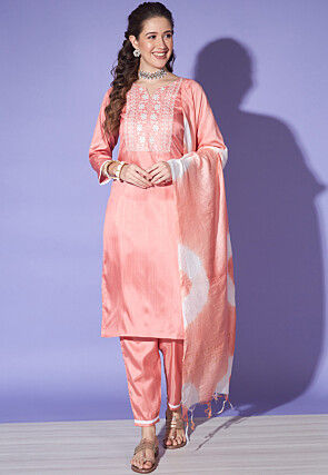 Embroidered Art Silk Pakistani Suit in Peach