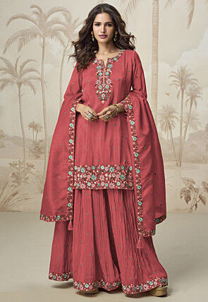 Embroidered Art Silk Pakistani Suit in Peach