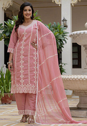 Embroidered Art Silk Pakistani Suit in Peach