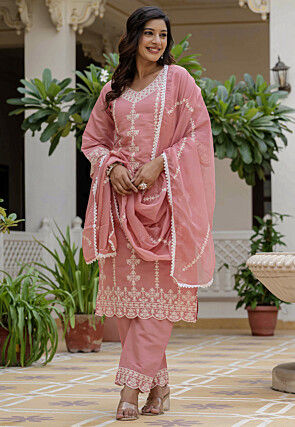 Embroidered Art Silk Pakistani Suit in Peach