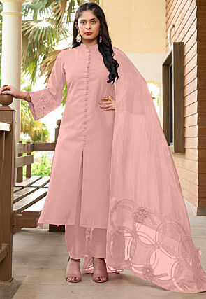 Embroidered Art Silk Pakistani Suit in Peach