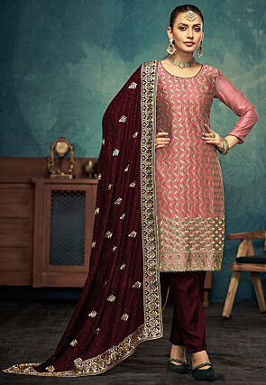 Embroidered Art Silk Pakistani Suit in Peach