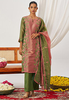 Embroidered Art Silk Pakistani Suit in Pink and Green