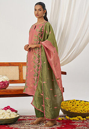 Embroidered Art Silk Pakistani Suit in Pink and Green