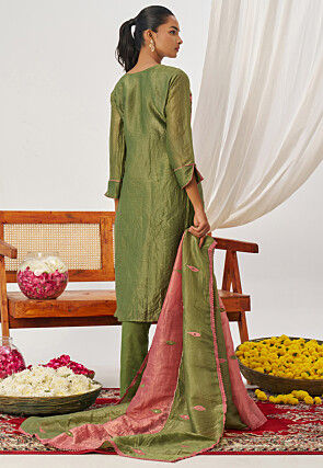 Embroidered Art Silk Pakistani Suit in Pink and Green