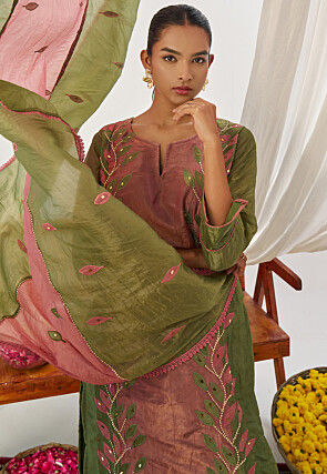 Embroidered Art Silk Pakistani Suit in Pink and Green