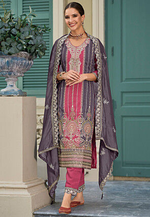 Embroidered Art Silk Pakistani Suit in Pink and Grey