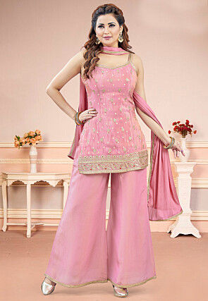 Embroidered Art Silk Pakistani Suit in Pink