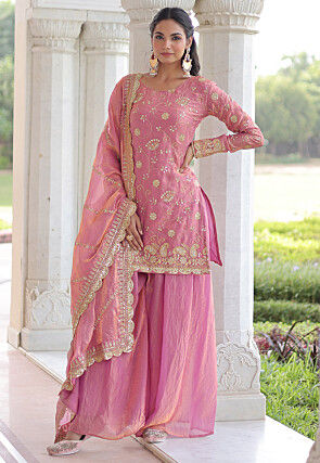 Embroidered Art Silk Pakistani Suit in Pink