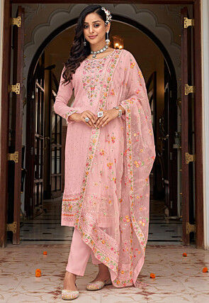 Embroidered Art Silk Pakistani Suit in Pink