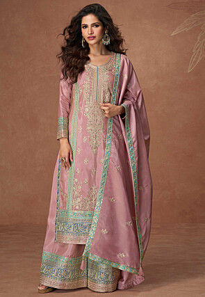 Embroidered Art Silk Pakistani Suit in Pink