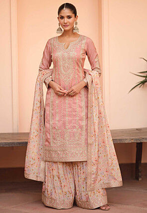Embroidered Art Silk Pakistani Suit in Pink