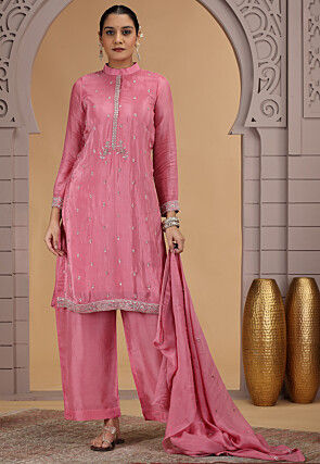 Embroidered Art Silk Pakistani Suit in Pink