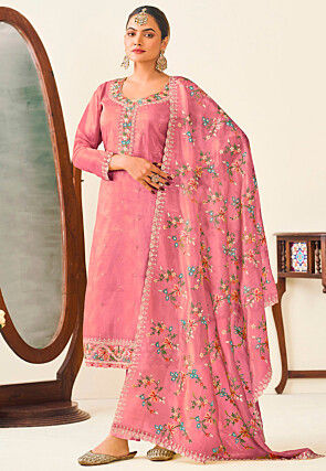 Embroidered Art Silk Pakistani Suit in Pink