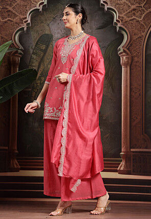 Embroidered Art Silk Pakistani Suit in Pink