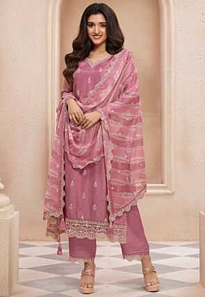 Embroidered Art Silk Pakistani Suit in Pink