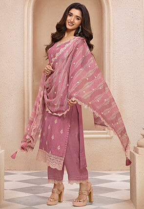 Embroidered Art Silk Pakistani Suit in Pink