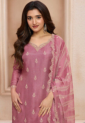 Embroidered Art Silk Pakistani Suit in Pink