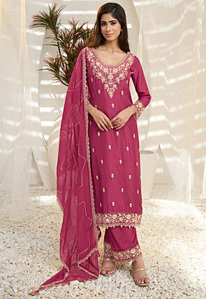 Embroidered Art Silk Pakistani Suit in Pink
