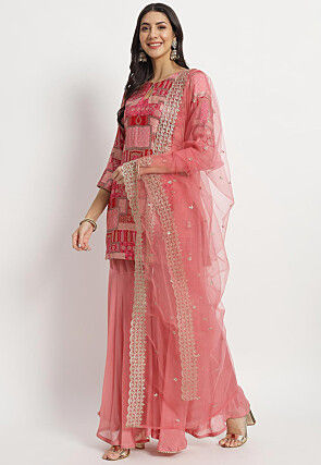 Embroidered Art Silk Pakistani Suit in Pink