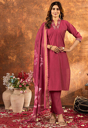 Embroidered Art Silk Pakistani Suit in Pink