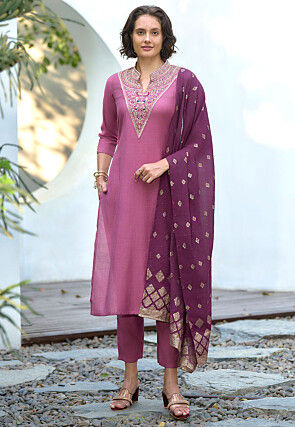Embroidered Art Silk Pakistani Suit in Pink