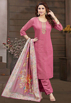 Embroidered Art Silk Pakistani Suit in Pink