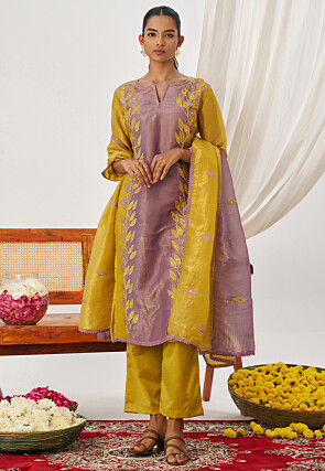 Embroidered Art Silk Pakistani Suit in Purple and Mustard