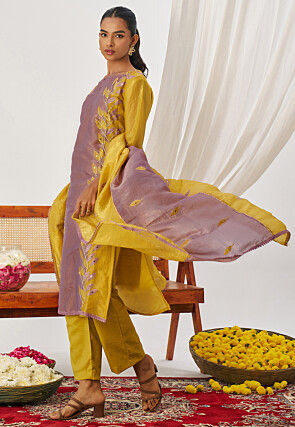 Embroidered Art Silk Pakistani Suit in Purple and Mustard