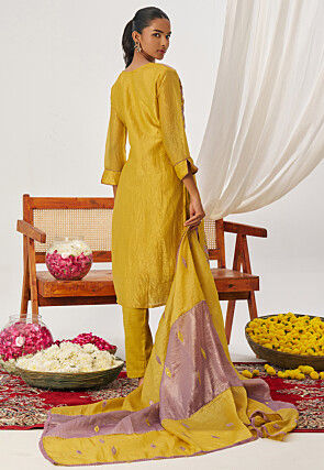 Embroidered Art Silk Pakistani Suit in Purple and Mustard