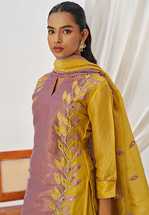 Embroidered Art Silk Pakistani Suit in Purple and Mustard