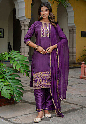 Embroidered Art Silk Pakistani Suit in Purple
