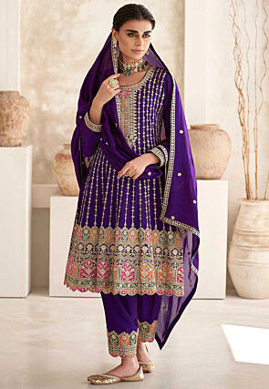 Embroidered Art Silk A line Suit in Purple