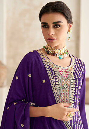 Embroidered Art Silk A line Suit in Purple