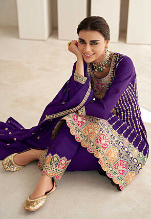 Embroidered Art Silk A line Suit in Purple