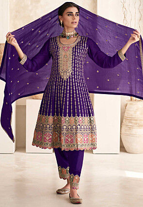 Embroidered Art Silk A line Suit in Purple
