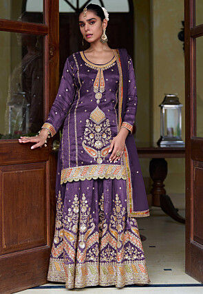 Embroidered Art Silk Shimmer Pakistani Suit in Purple