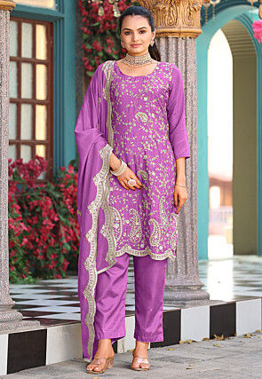 Embroidered Art Silk Pakistani Suit in Purple