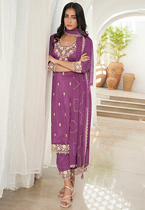 Embroidered Art Silk Pakistani Suit in Purple