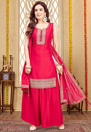 Embroidered Art Silk Pakistani Suit in Red