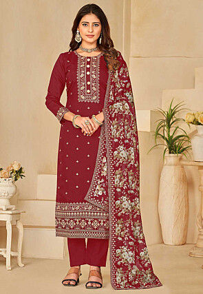 Embroidered Art Silk Pakistani Suit in Red