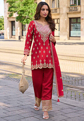 Embroidered Art Silk Scalloped Pakistani Suit in Red