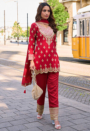 Embroidered Art Silk Scalloped Pakistani Suit in Red