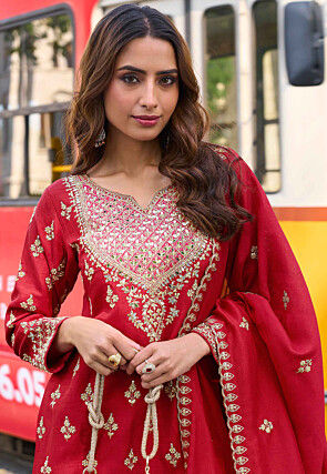Embroidered Art Silk Scalloped Pakistani Suit in Red