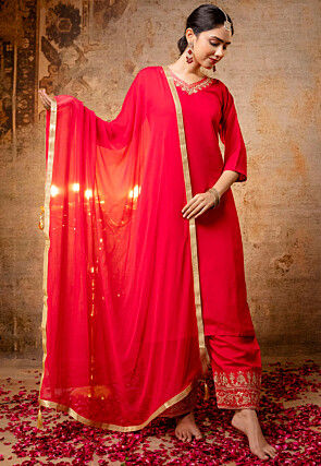 Embroidered Art Silk Pakistani Suit in Red