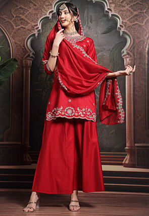 Embroidered Art Silk Pakistani Suit in Red