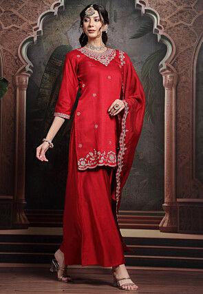 Embroidered Art Silk Pakistani Suit in Red