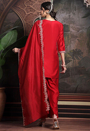 Embroidered Art Silk Pakistani Suit in Red